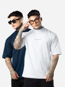 DMUNIZ Oversized Streetwear Turtleneck Printed Chest T-Shirts Kit 2 - 白色/海軍藍 - 查看 1