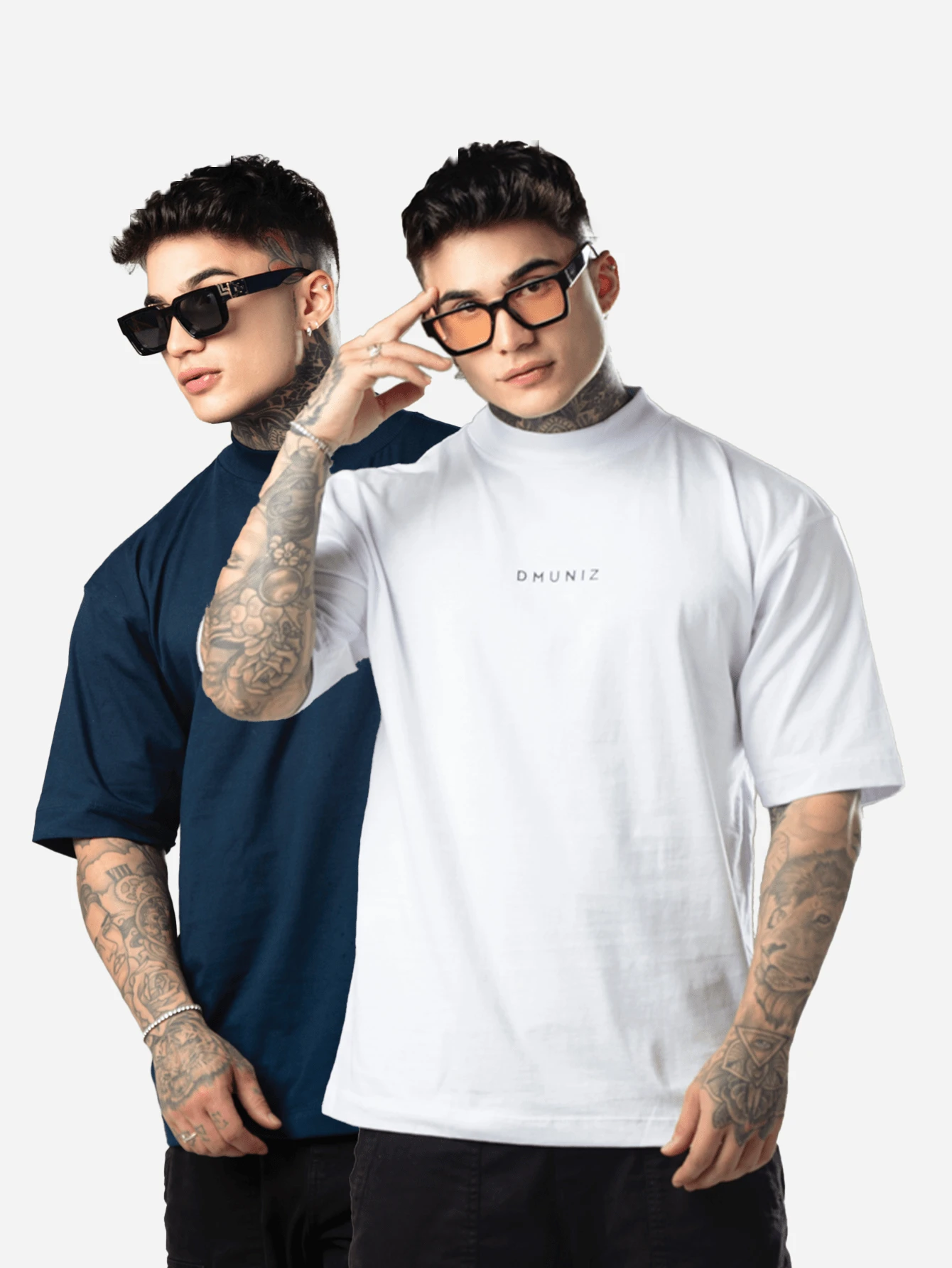 DMUNIZ Oversized Streetwear Turtleneck Printed Chest T-Shirts Kit 2 - 白色/海軍藍 - 查看 1