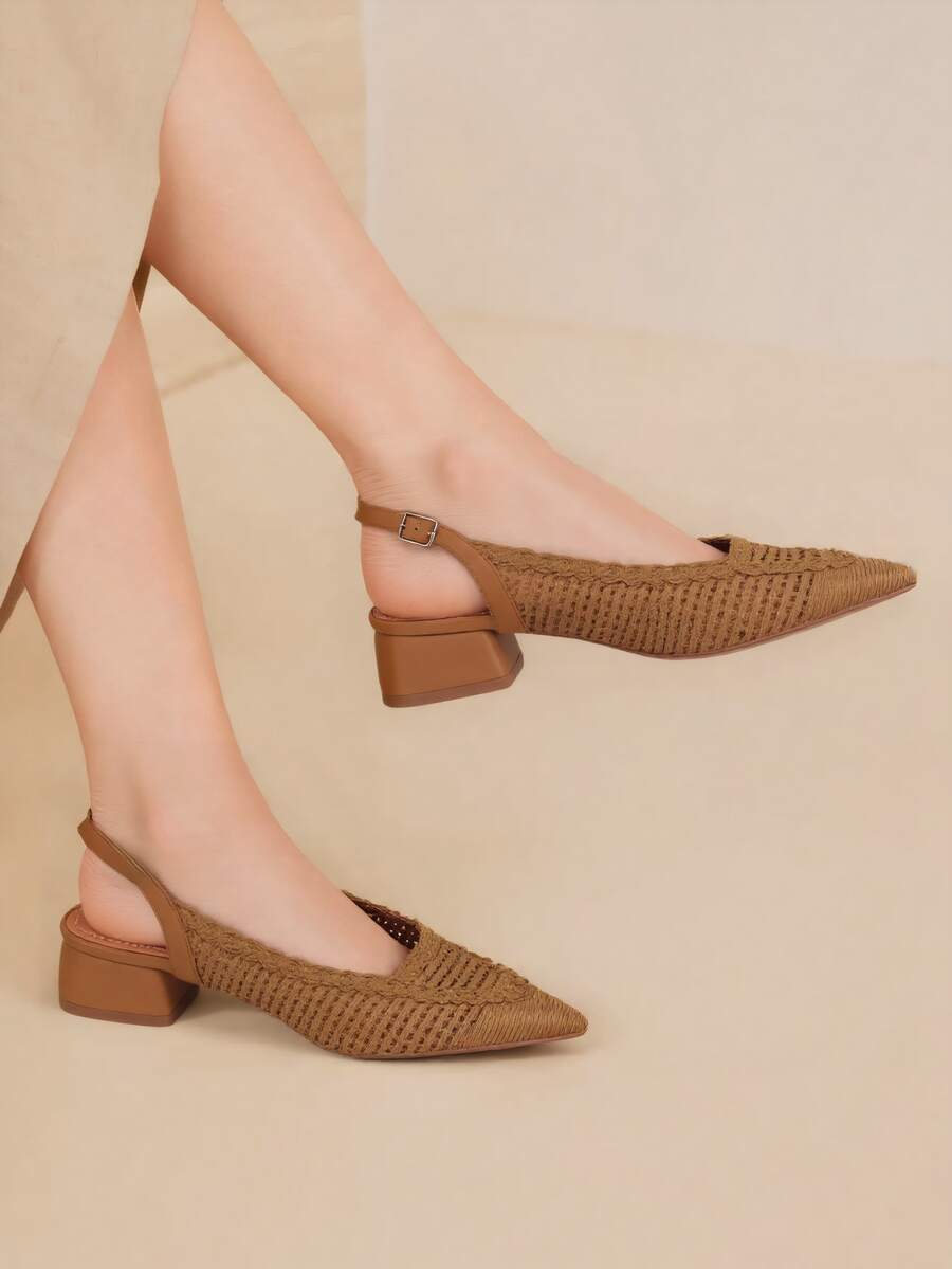RevReaL Giày cao gót đế vuông dệt hở lưng phù hợp để mang hàng ngày - Màu Khaki - Xem 1