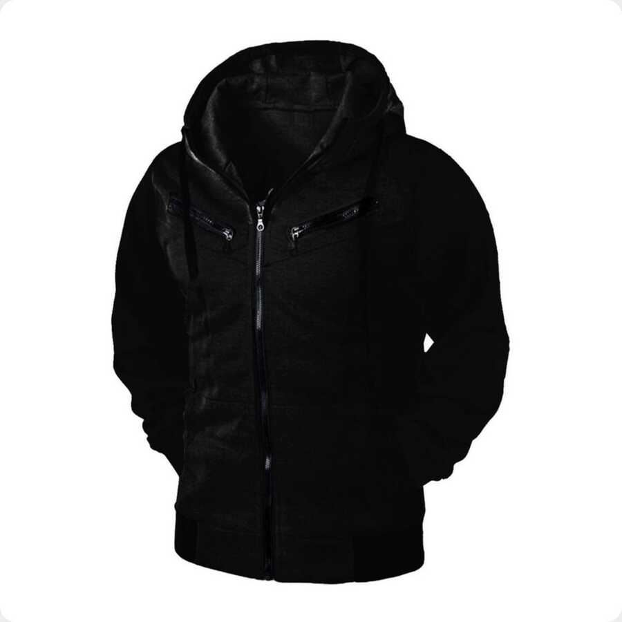 Blusa de Frio De Moletom Raglan Feminino Casaco Com Capuz e Zíper - Preto - Visão 1