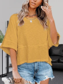 Women's Summer Soft Crewneck Batwing Half Sleeve T-Shirt Solid Color Lightweight Loose Fit Casual Top Christmas Gift & New Year Gift - 黃色 - 查看 2