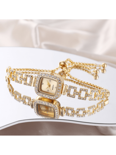 1pc Business Elegante Goud Square Hoesje Horloge Rhinestone Scaled Dial, Bezel Adjustable Chain, Quartz