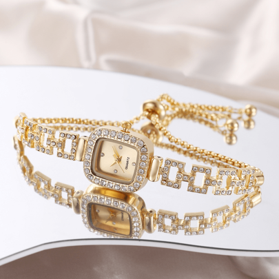 1 Stück elegante Damen Geschäfts-Uhr mit goldenem quadratischen Gehäuse, Zifferblatt mit Zirkonia-Skala, quadratischer Lünette & verstellbarer Kette, Quarz-Stil