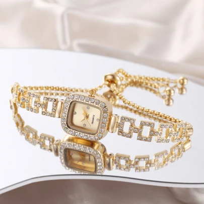1 件女士商务优雅金色方形表壳手表，配有水钻刻度表盘、方形表圈和可调节链条，石英款式
