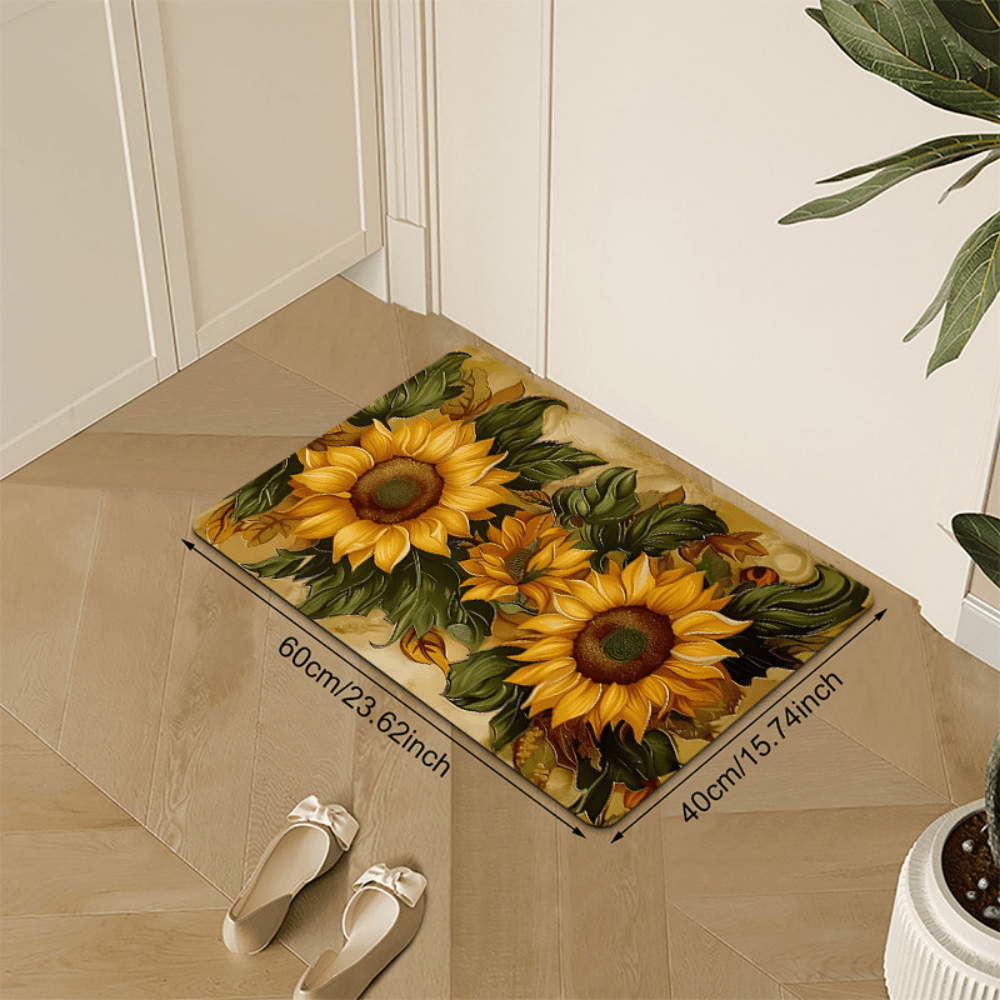 1pc Sunflower Print Bath Mat, Polyester Non-Slip Indoor/Outdoor Doorway Floor Rug, Quick-Dry Kitchen/Laundry Room Bathroom Floor Rug Room Decor Back To School