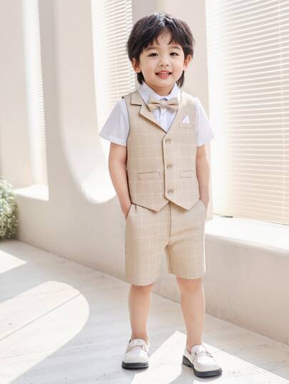 3pcs Boys Summer Cute Gentleman Style Plaid Vest, Shorts, Paired With Bowknot, Suitable For Birthday Parties, Evening Parties, Performances, Weddings, Etc.