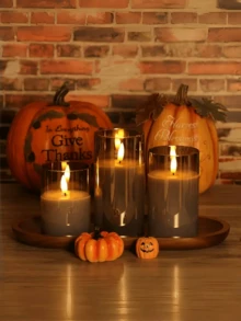 3pcs Battery Operated LED Flameless Pillar Candles With 10-Key Remote Control And Timer, Warm Flickering Light Candles Ideal For Holiday, Wedding, Bar, Cafe, Home Party Decoration - Grey - View 5