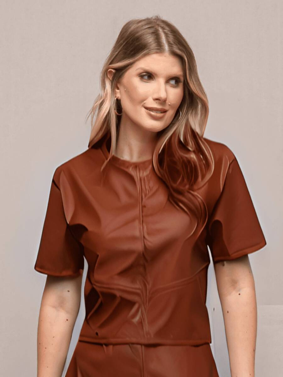 SHORT SLEEVE LEATHER BLOUSE - 鏽棕色 - 查看 1