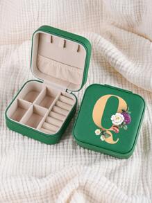 1pc Mini Floral Alphabet Jewelry Storage Box, A-Z Gold Letters, Portable Zipper Travel Jewelry Storage Box, Gift Box For Women, Multi-Function Jewelry Display Stand For Rings, Pendants, Earrings, Necklaces, Etc. - Suitable For Women, Mother, Girlfriend, Valentine's Day Gift Box.