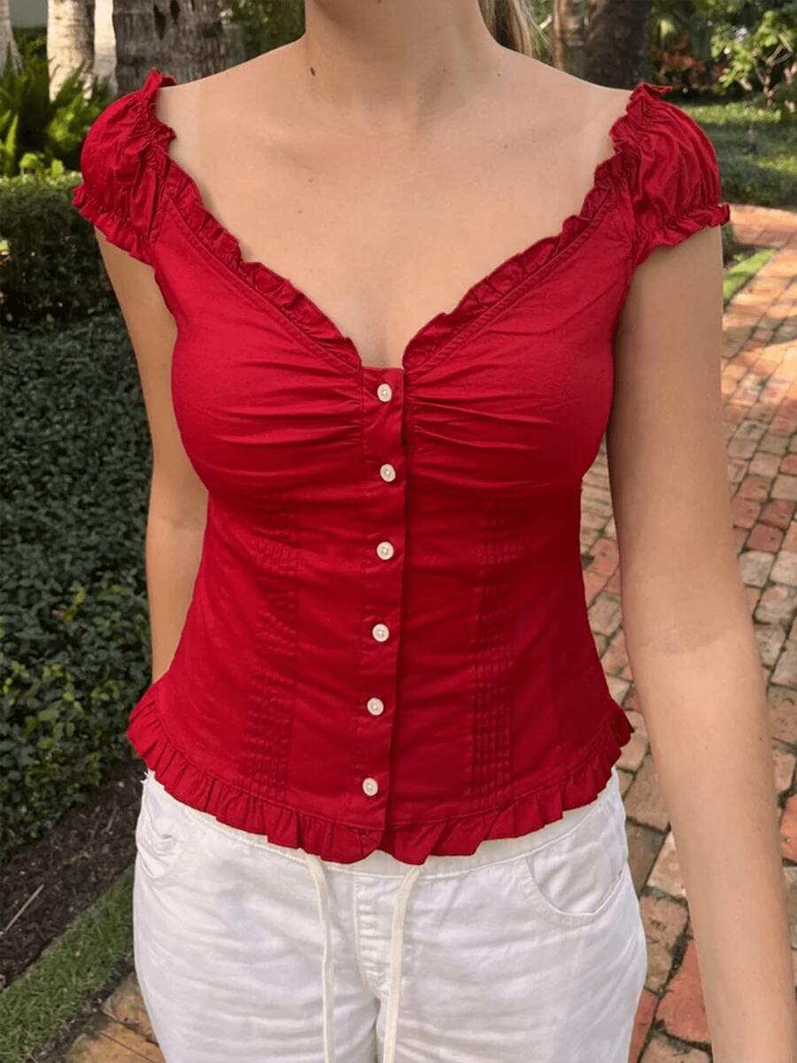 Women's Y2K Fairycore Shirt Top Vintage Cap Sleeve Button Down Ruffle T Shirts Tops Solid Color Slim Fit Frill Tees Summer Blouses Casual Going Out Tops Aesthetic Clothes Streetwear - 紅色 - 查看 1