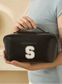Bolsa de cosméticos de piel sintética impermeable, con bolsa de almacenamiento de cosméticos con letra, bolsa de cosméticos de gran capacidad y de doble capa, bolsa de mujer multifuncional para viajes, neceser, organización y almacenamiento de cosméticos, organización y almacenamiento del baño, esenciales para viajes, esenciales para cruceros, accesorios de viaje, almacenamiento de baño, almacenamiento de joyas, almacenamiento de labiales, almacenamiento de esmaltes de uñas, regalo de Pascua, regalo para dama de honor, regalo del Día de la Madre