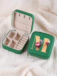 1pc Mini Floral Alphabet Jewelry Storage Box, A-Z Gold Letters, Portable Zipper Travel Jewelry Storage Box, Gift Box For Women, Multi-Function Jewelry Display Stand For Rings, Pendants, Earrings, Necklaces, Etc. - Suitable For Women, Mother, Girlfriend, Valentine's Day Gift Box.