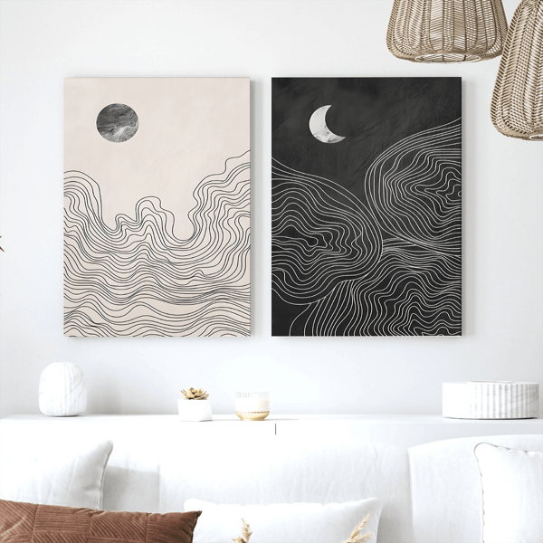 2 stuks, Zon en maan abstracte zwart-wit neutrale Boheemse kunst, kunstwerk minimalistische moderne woonkamer muurdecoratie, wandkunst met lijst, wandkunst, posters, canvas materiaal (optioneel lijst), voor woonkamer, slaapkamer, kantoor, enz. - Perfect voor feestdagen, muurschilderingen, posters, verjaardagscadeaus, cadeaus voor vrienden!