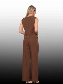 Women's Tailored Set Laria Vertical Vest With Long Trousers - Coffee Brown - View 5