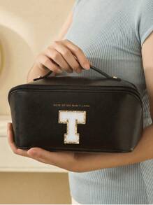 Bolsa de cosméticos de piel sintética impermeable, con bolsa de almacenamiento de cosméticos con letra, bolsa de cosméticos de gran capacidad y de doble capa, bolsa de mujer multifuncional para viajes, neceser, organización y almacenamiento de cosméticos, organización y almacenamiento del baño, esenciales para viajes, esenciales para cruceros, accesorios de viaje, almacenamiento de baño, almacenamiento de joyas, almacenamiento de labiales, almacenamiento de esmaltes de uñas, regalo de Pascua, regalo para dama de honor, regalo del Día de la Madre