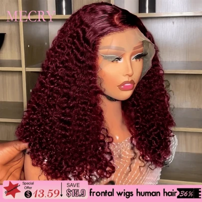MECRY 180% 红色卷发假发 勃艮第红色卷发短鲍勃假发 99J 巴西发 13x4 深波浪蕾丝前假发 前假发头带假发 假发前部混合发 10 英寸-36 英寸