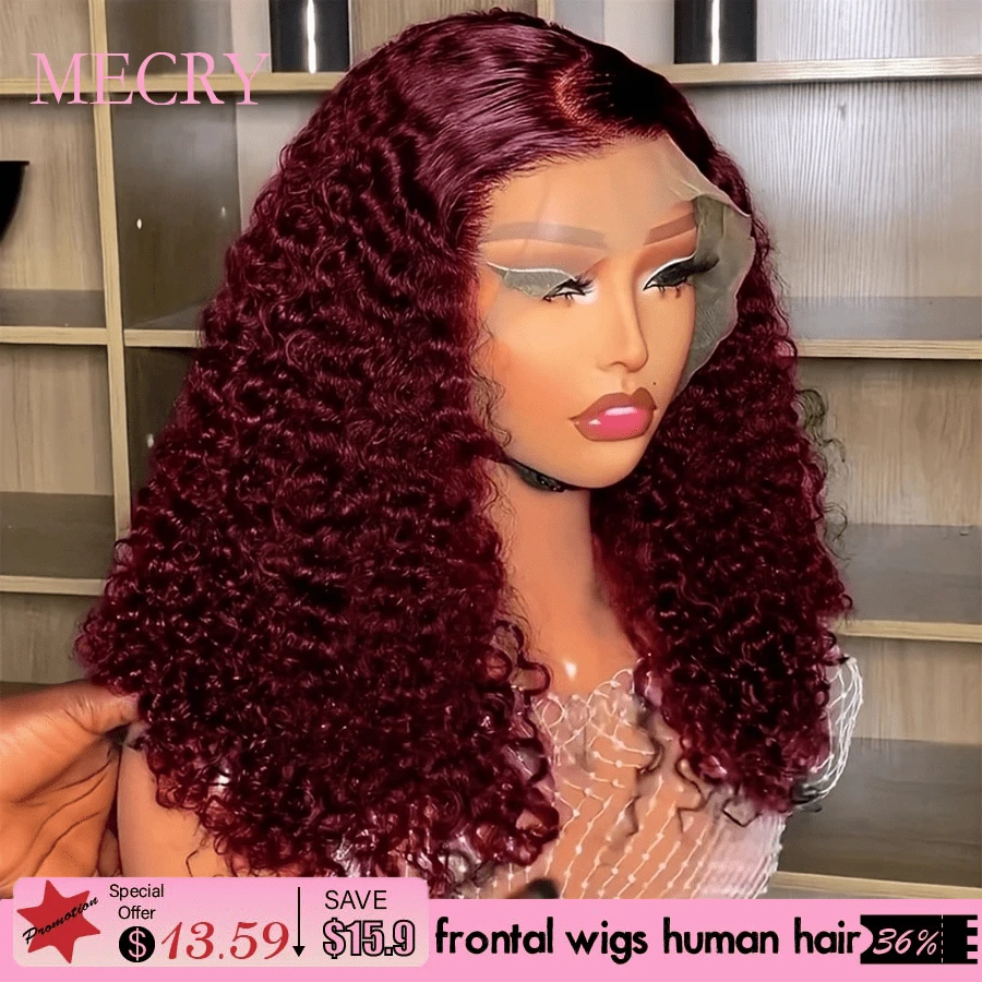 MECRY 180% Red Curly Wig Burgundy Red Curly Short Bob Wigs 99J Hair Brazilian Hair 13x4 Deep Wave Lace Frontal Wig Frontal Wigs Headband Wig Hair Wigs Frontal Blended Hair 10Inch-36Inch - SBUG - View 1