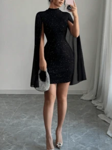 Vestido de capa ajustada con cuello mao de unicolor - Negro - Ver 6