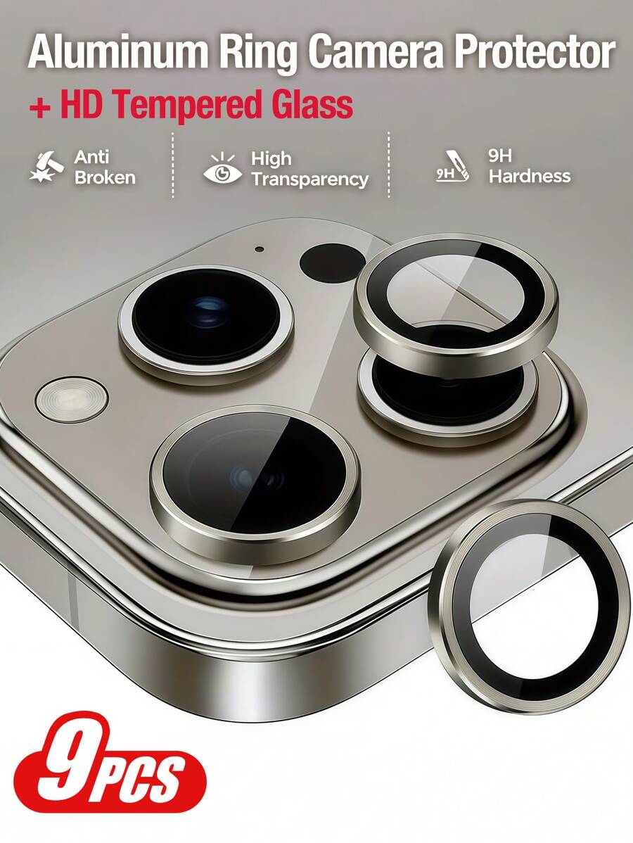 Yezodawee 9 Pack Compatible With Iphone 16e 14 15 16 16plus Pro/Pro Max Lens Protective Film Independent Metal Ring 9H Hardness Anti-Scratch Protective Film Fashion Suitable For Mobile Phone Case (Gray), Ultra Clear Tempered Glass Camera Lens Protector, 9H Tempered Glass Metal Individual Ring Cover Compatible With Iphone 16e 14 15 16 16plus Pro/Pro Max 11 12 13 Gift For Birthday, Family, Friends Alloy Metal With Tempered Glass Full Cover, Lens Protector, Phone Accessories