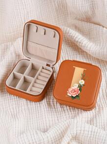 1pc Mini Floral Alphabet Jewelry Storage Box, A-Z Gold Letters, Portable Zipper Travel Jewelry Storage Box, Gift Box For Women, Multi-Function Jewelry Display Stand For Rings, Pendants, Earrings, Necklaces, Etc. - Suitable For Women, Mother, Girlfriend, Valentine's Day Gift Box.