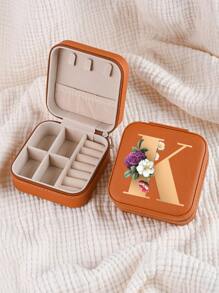1pc Mini Floral Alphabet Jewelry Storage Box, A-Z Gold Letters, Portable Zipper Travel Jewelry Storage Box, Gift Box For Women, Multi-Function Jewelry Display Stand For Rings, Pendants, Earrings, Necklaces, Etc. - Suitable For Women, Mother, Girlfriend, Valentine's Day Gift Box.