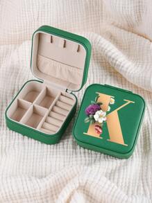 1pc Mini Floral Alphabet Jewelry Storage Box, A-Z Gold Letters, Portable Zipper Travel Jewelry Storage Box, Gift Box For Women, Multi-Function Jewelry Display Stand For Rings, Pendants, Earrings, Necklaces, Etc. - Suitable For Women, Mother, Girlfriend, Valentine's Day Gift Box.