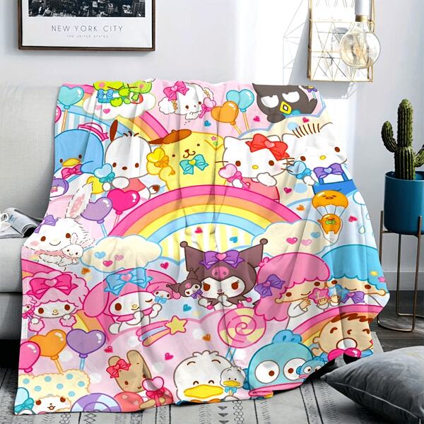 Sanrio 1 szt. Sanrio Hello Kitty & Friends flanelowy koc wełniany, cyfrowy nadruk z kreskówkowym wzorem, wygodny i ciepły na każdą porę roku, odpowiedni do samochodu, sofy, salonu, sypialni, biura - nowoczesny styl, dzianinowy poliester, 200-250 gsm