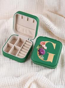 1pc Mini Floral Alphabet Jewelry Storage Box, A-Z Gold Letters, Portable Zipper Travel Jewelry Storage Box, Gift Box For Women, Multi-Function Jewelry Display Stand For Rings, Pendants, Earrings, Necklaces, Etc. - Suitable For Women, Mother, Girlfriend, Valentine's Day Gift Box.