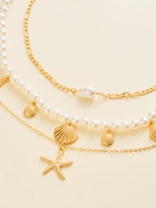 3pcs Fashion Versatile Ocean Vacation Style Tassel Necklace, Metal Chain Choker, Summer Starfish Shell Pearl Multilayer Necklace For Women, Suitable For Daily Wear