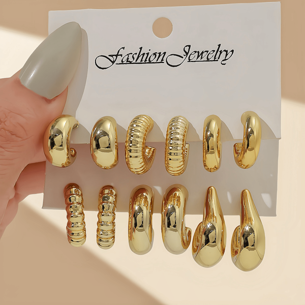 6pcs-12pcs Water Drop C-Shaped Earring Set, Fashionable Everyday Jewelry For Women