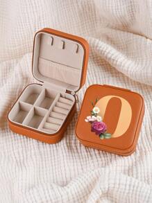 1pc Mini Floral Alphabet Jewelry Storage Box, A-Z Gold Letters, Portable Zipper Travel Jewelry Storage Box, Gift Box For Women, Multi-Function Jewelry Display Stand For Rings, Pendants, Earrings, Necklaces, Etc. - Suitable For Women, Mother, Girlfriend, Valentine's Day Gift Box.