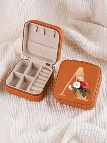 1pc Mini Floral Alphabet Jewelry Storage Box, A-Z Gold Letters, Portable Zipper Travel Jewelry Storage Box, Gift Box For Women, Multi-Function Jewelry Display Stand For Rings, Pendants, Earrings, Necklaces, Etc. - Suitable For Women, Mother, Girlfriend, Valentine's Day Gift Box.