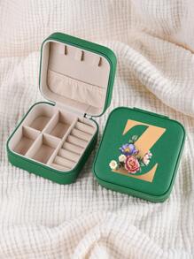 1pc Mini Floral Alphabet Jewelry Storage Box, A-Z Gold Letters, Portable Zipper Travel Jewelry Storage Box, Gift Box For Women, Multi-Function Jewelry Display Stand For Rings, Pendants, Earrings, Necklaces, Etc. - Suitable For Women, Mother, Girlfriend, Valentine's Day Gift Box.