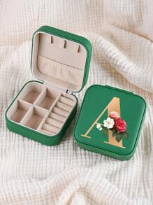 1pc Mini Floral Alphabet Jewelry Storage Box, A-Z Gold Letters, Portable Zipper Travel Jewelry Storage Box, Gift Box For Women, Multi-Function Jewelry Display Stand For Rings, Pendants, Earrings, Necklaces, Etc. - Suitable For Women, Mother, Girlfriend, Valentine's Day Gift Box.
