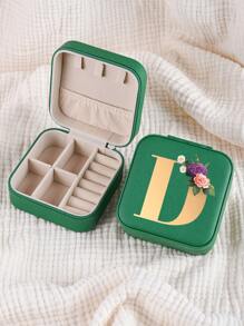 1pc Mini Floral Alphabet Jewelry Storage Box, A-Z Gold Letters, Portable Zipper Travel Jewelry Storage Box, Gift Box For Women, Multi-Function Jewelry Display Stand For Rings, Pendants, Earrings, Necklaces, Etc. - Suitable For Women, Mother, Girlfriend, Valentine's Day Gift Box.