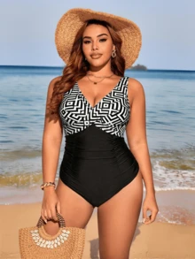 Swim Lushoire Đồ bơi liền thân họa tiết hình học cỡ lớn cho nữ, trang phục thường ngày khi đi nghỉ mát - Nhiều màu - Xem 3