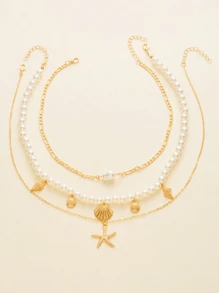 3pcs Fashion Versatile Ocean Vacation Style Tassel Necklace, Metal Chain Choker, Summer Starfish Shell Pearl Multilayer Necklace For Women, Suitable For Daily Wear
