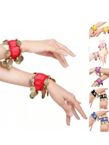 2pcs Loud & Vibrant Belly Dance Coin Wrist Bracelets, Dance Costume Accessories, Belly Dance Jewelry Bracelets, Dance Competition Pendant Bracelets, Folk Dance Performance Bracelets, Jewelry Bracelets - Suitable For Performances And Festivals - Multicolor - View 9