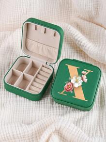 1pc Mini Floral Alphabet Jewelry Storage Box, A-Z Gold Letters, Portable Zipper Travel Jewelry Storage Box, Gift Box For Women, Multi-Function Jewelry Display Stand For Rings, Pendants, Earrings, Necklaces, Etc. - Suitable For Women, Mother, Girlfriend, Valentine's Day Gift Box.