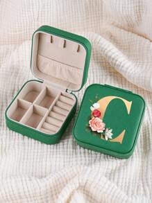 1pc Mini Floral Alphabet Jewelry Storage Box, A-Z Gold Letters, Portable Zipper Travel Jewelry Storage Box, Gift Box For Women, Multi-Function Jewelry Display Stand For Rings, Pendants, Earrings, Necklaces, Etc. - Suitable For Women, Mother, Girlfriend, Valentine's Day Gift Box.