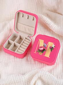 1pc Mini Floral Alphabet Jewelry Storage Box, A-Z Gold Letters, Portable Zipper Travel Jewelry Storage Box, Gift Box For Women, Multi-Function Jewelry Display Stand For Rings, Pendants, Earrings, Necklaces, Etc. - Suitable For Women, Mother, Girlfriend, Valentine's Day Gift Box.