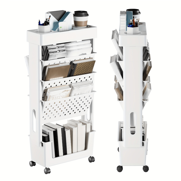LINKOOL 1pc 5-Tier Removable Tableside Bookshelf, Book Storage Rack With Wheels, Magazine & Newspaper Storage Rack, Suitable For School, Classroom, Office, Study, Bedroom, Living Room