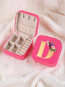 1pc Mini Floral Alphabet Jewelry Storage Box, A-Z Gold Letters, Portable Zipper Travel Jewelry Storage Box, Gift Box For Women, Multi-Function Jewelry Display Stand For Rings, Pendants, Earrings, Necklaces, Etc. - Suitable For Women, Mother, Girlfriend, Valentine's Day Gift Box.