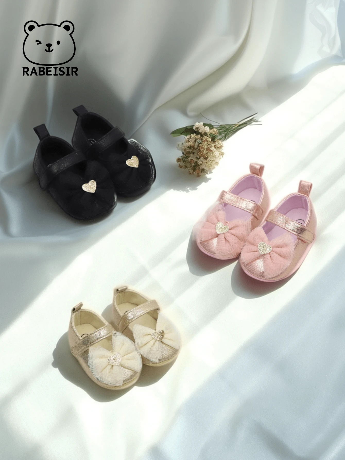 RABEISIR Giày tập đi đầu tiên cho bé gái sơ sinh theo phong cách công chúa, có viền ren hình trái tim