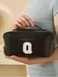 Bolsa de cosméticos de piel sintética impermeable, con bolsa de almacenamiento de cosméticos con letra, bolsa de cosméticos de gran capacidad y de doble capa, bolsa de mujer multifuncional para viajes, neceser, organización y almacenamiento de cosméticos, organización y almacenamiento del baño, esenciales para viajes, esenciales para cruceros, accesorios de viaje, almacenamiento de baño, almacenamiento de joyas, almacenamiento de labiales, almacenamiento de esmaltes de uñas, regalo de Pascua, regalo para dama de honor, regalo del Día de la Madre