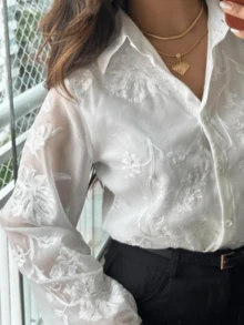 Women's Long Sleeve Flower Embroidered Shirt - White - View 2