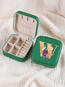 1pc Mini Floral Alphabet Jewelry Storage Box, A-Z Gold Letters, Portable Zipper Travel Jewelry Storage Box, Gift Box For Women, Multi-Function Jewelry Display Stand For Rings, Pendants, Earrings, Necklaces, Etc. - Suitable For Women, Mother, Girlfriend, Valentine's Day Gift Box.
