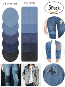 5 pieces/set of circular and rectangular ironing patch patches for clothing repair, denim patch for jeans set, (4 colors) for interior and exterior repair of jeans and clothing - Multicolor - View 1