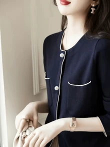 Elegant Women's French Retro Cardigan Sweater, Fashionable Versatile Knit Top With Contrast Trim, Casual Wear For Autumn/Winter - Navy Blue - View 4