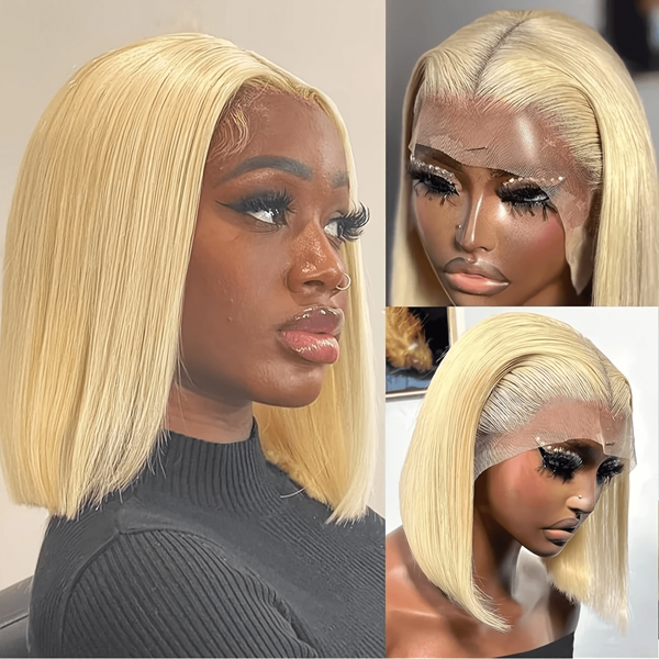 200% Density Brazilian Virgin 613 Blonde Short Bob Wigs Human Hair 13x4 HD Lace Front Wigs 613 Lace Front Human Hair Straight Bob Wig Pre Plucked With Baby Hair